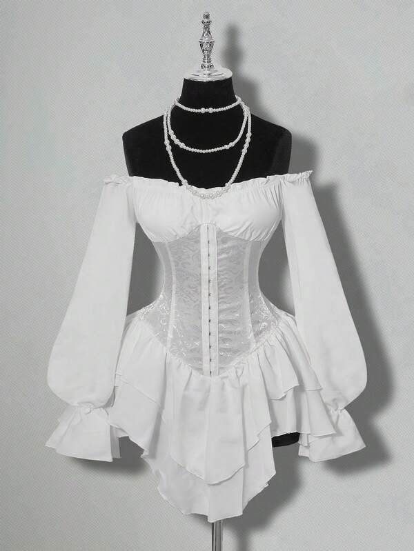 SHEIN ICON Damen Off-Shoulder Langarm-Kleid mit Blumen-Jacquard-Muster, Rüschensaum und Tailleneinsatz