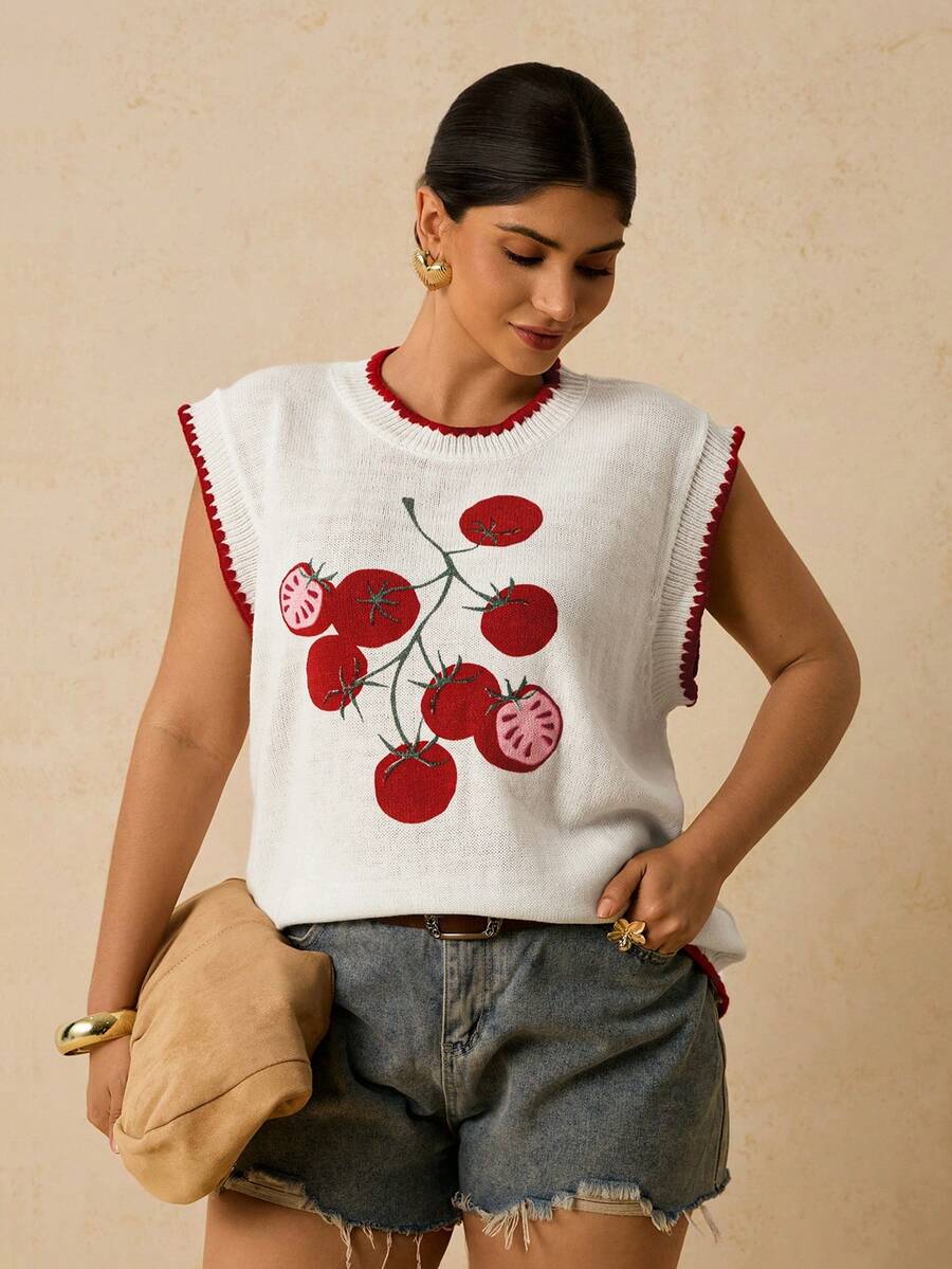 SHEIN VCAY Plus Size Tomato Print Contrast Trim Knit Vest - White - View 1