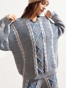 Bohemela Boho Winter/Spring Outerwear, Vintage Women's Casual Twist Knot Casual Crew Neck Long Sleeve Special Dye Technique For A Subtle Faded Hue Versatile Women Sweater, Western Country Style Concert Party, Suitable For Beach Vacation & Daily Wear & Back To School & Going Outs & Party, Christmas , New Year , 2000s Y2k , Summer Holidays - Blue and White - View 2