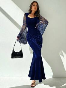 Firerie Váy đuôi cá ren tay loe cổ tim màu đen phong cách Gothic thanh lịch gợi cảm dự tiệc, eo nhung, thích hợp cho Halloween, mùa thu/đông - Màu xanh hải quân - Xem 5