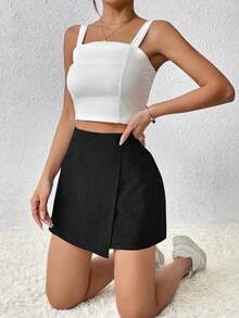 Chiquease 實色不對稱包覆式短裙短褲 - 黑色 - 查看 3