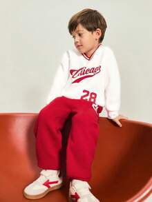 Leap Crew 男童红色抓绒装饰平针织运动字母V领长袖落肩卫衣，搭配抽绳腰休闲运动裤，适合户外活动，秋冬季穿着。 - 紅色 - 查看 6