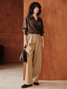 Zovinel Women's Minimalist Autumn Long-Sleeved Rhinestone Blouse - Coffee Brown - View 6