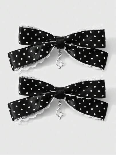 Kawaii 2 pezzi Fermagli per capelli versatili e minimal chic, di alta qualità, con nota musicale in bianco e nero e fiocco, set combo per capelli, adatto per donne e ragazze, per uso quotidiano e come regalo per le vacanze