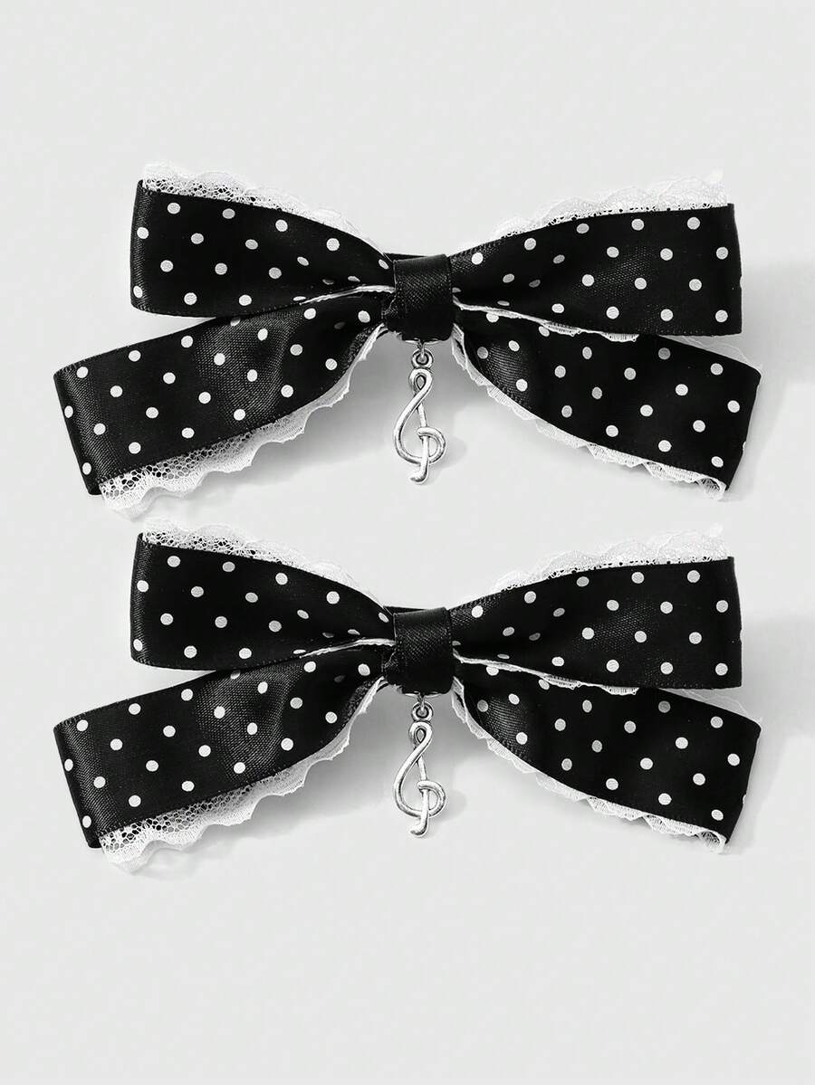 ROMWE Kawaii 2件套简约百搭复古时尚高品质黑白音符蝴蝶结吊坠DIY发夹，侧夹组合套装，适合女性、女孩日常佩戴，节日礼物 - 黑白色-3 - 查看 1