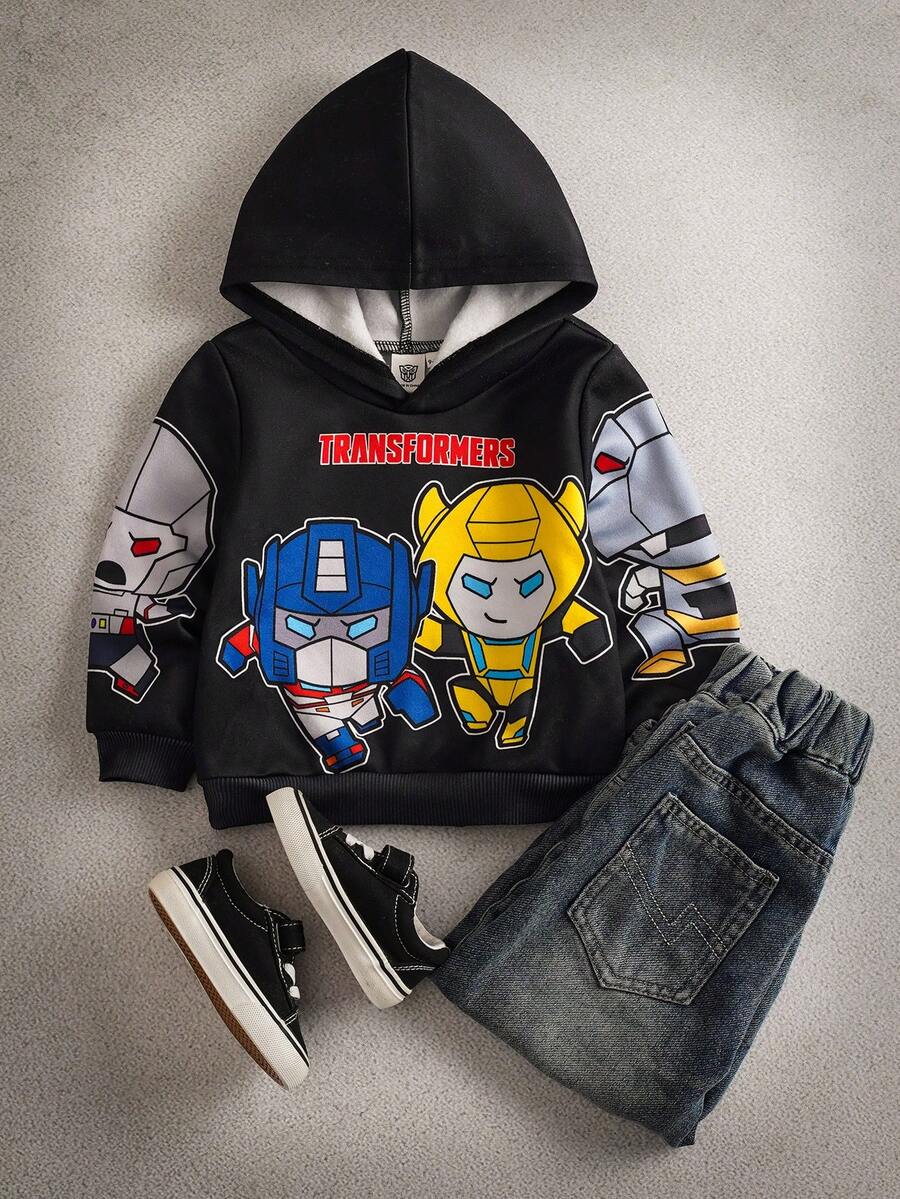 Transformers X SHEIN Áo nỉ có mũ dệt kim in hình robot hoạt hình dáng rộng rãi, lót nhiệt, màu đen, thu/đông cho bé trai - màu đen - Xem 1