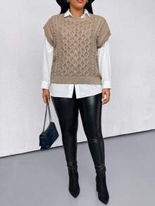 SHEIN Tall CURVE Plus Size Casual Solid Color Knit Vest - Khaki - View 5