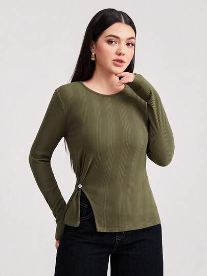 Veilorie Women's Casual Round Neck Long Sleeve T-Shirt