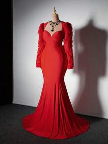 Viva Relle Plus Size Furry Sleeve Patchwork Dresswinter Christmas Summer Party Elegant New Year - Red - View 1