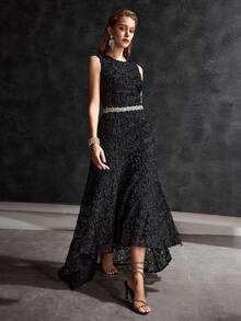 MOTF Soiréza 3D FLORAL APPLIQUES SHORT FRONT LONG BACK SLEEVELESS DRESS, SUITABLE FOR WEDDING, PARTY, BANQUET - Black - View 8