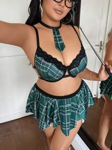 Fantasy Costume Bộ trang phục lụa sữa kẻ caro cỡ lớn 4 món - màu xanh lá - Xem 4