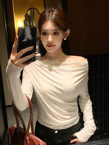 DAZY Áo thun dài tay hở vai phối ren chắp vá cho nữ, Thu/Đông - Màu be - Xem 4