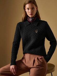 Briarwyn 女式简约绞花刺绣长袖毛衣，藏青色毛衣，冬装，新年女装，复古风女装，万圣节女装 - 黑色 - 查看 2