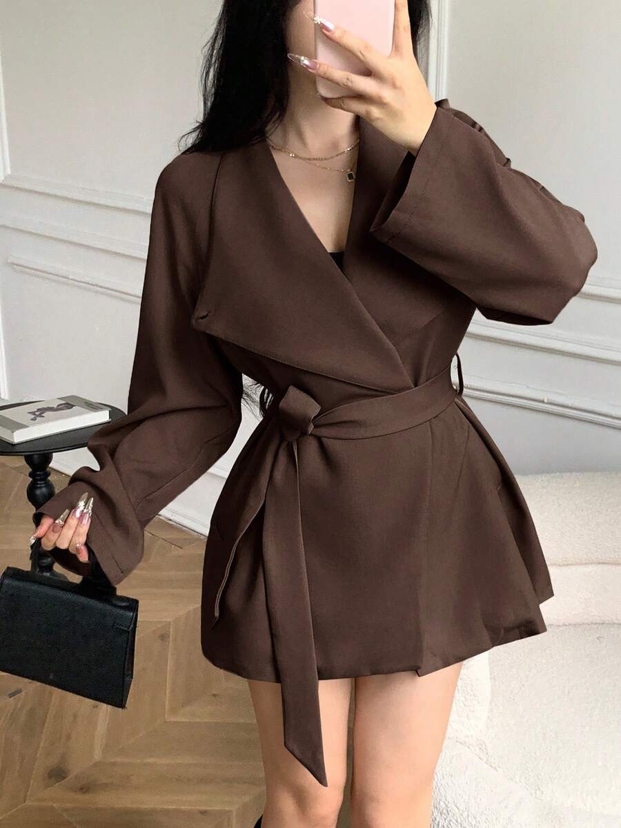 Celisse Áo khoác trench coat dáng rộng cổ đứng trơn màu dành cho nữ - màu nâu - Xem 1