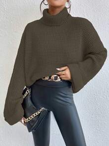 SoleilVie Women's Solid Color High Neck Dropped Shoulder Long Sleeve Casual Loose Pullover Sweater, Autumn/Winter - Maroon - View 6