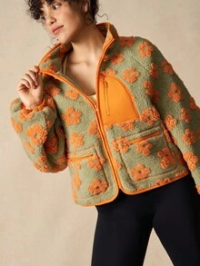 VARSIVA Women's Floral Pattern Raglan Sleeve Zip Front Loose Outdoor Fleece Jacket, Autumn/Winter 70s, Suitable For Fall Winter, Casual Gym Yoga Outdoor Holiday Vacation