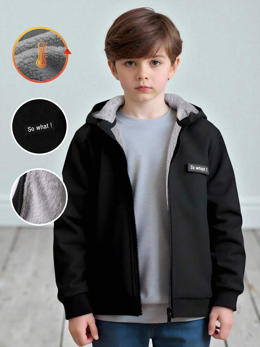 SHEIN Genkimix Kids Young Boy Casual Hooded Thermal Lined Long Sleeve Cardigan Jacket, Vintage Color Combination, Comfortable And Simple For Daily Wear And Outdoor Activities - Burgundy - View 1