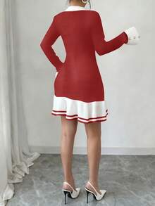 Selianne 女士撞色领长袖单排扣针织连衣裙，秋冬款 - 酒紅色 - 查看 2