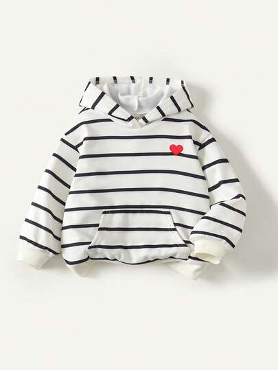 Maija Kids Young Girl Knitted Striped Heart Embroidery Graphic Sweatshirt With Pockets, Casual & Loose Fit
