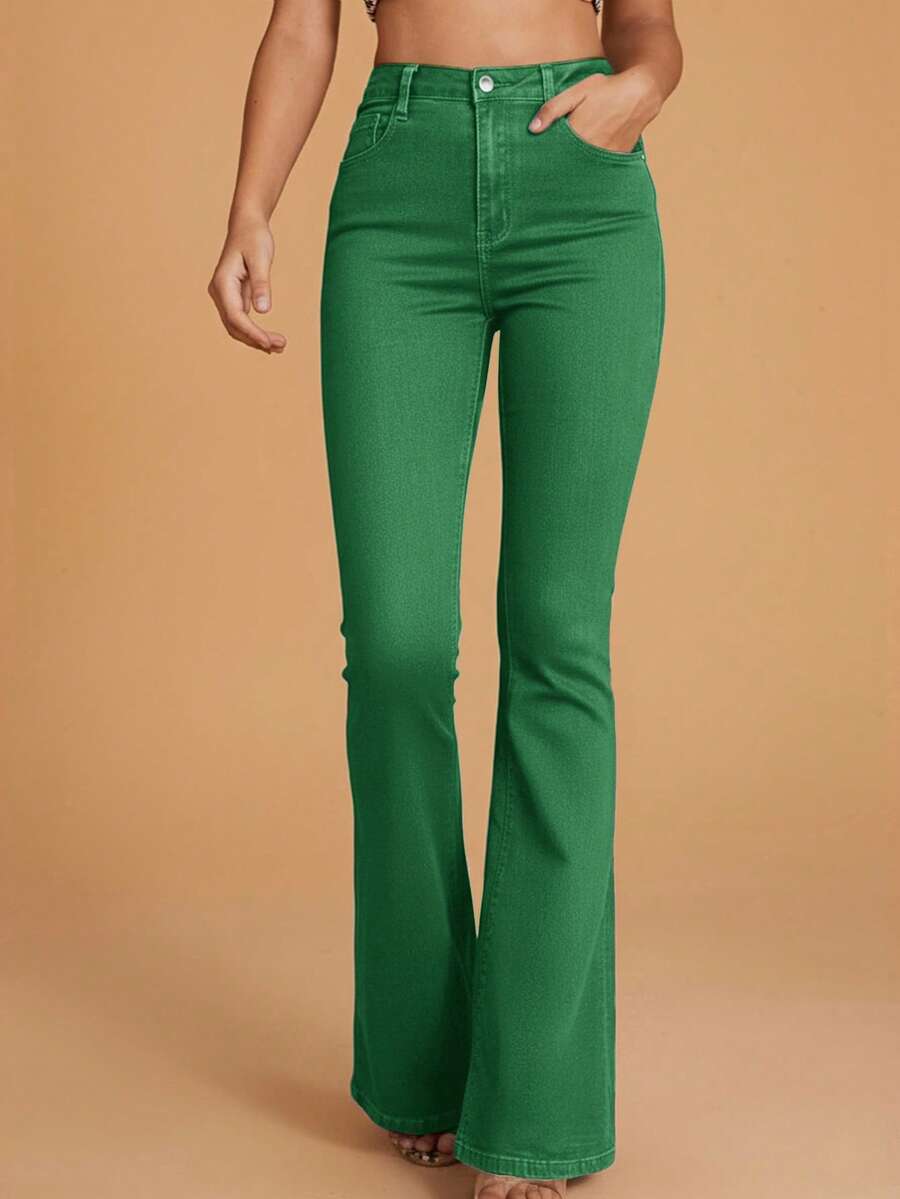 Selenza Women's High Waist Pocketed Flare Casual Versatile Jeans - Green - View 1
