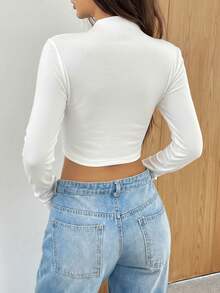 SHEIN EZwear 女式休闲白色立领长袖短款修身T恤，冬季T恤