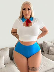 Fantasy Costume Trang phục nhập vai thủy thủ gợi cảm cỡ lớn, áo cổ lọ bằng lụa sữa có nơ + bộ quần lót - Xanh và trắng - Xem 5