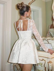 Glamine Charm Váy ngắn Jacquard cổ vuông dệt ren tay dài tối giản thanh lịch màu trắng ngà, phù hợp cho tiệc trà, tụ tập, mặc hàng ngày - Màu be - Xem 2