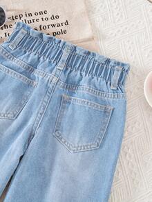 SHEIN Vintaside Kids 少女可爱刺绣牛仔裤，适合日常穿着 - 中等水洗藍 - 查看 7