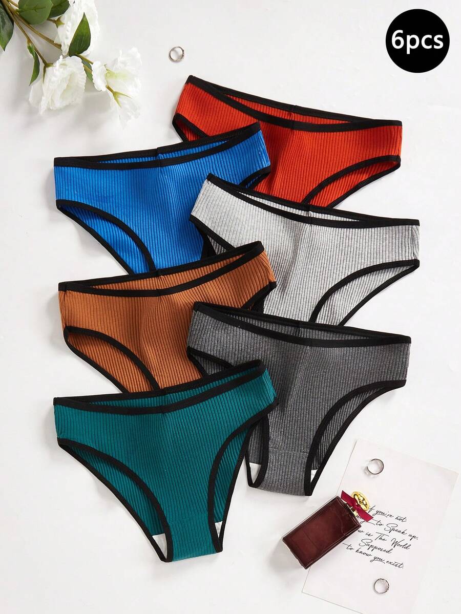 Teen Girls Panties-Underwear 6 Pack Ribbed Bikini Briefs Contrast Trim Elastic Waistband Assorted Colors Four Season 2026 New Year Essential Versatile And Comfortable Warm And Cute Style - Multicolor - View 1