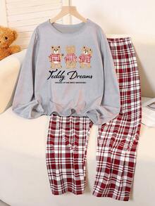 少女两件套睡衣套装 - 灰色长袖小熊图案上衣和酒红色/白色格子裤，舒适家居服 - 灰色 - 查看 1