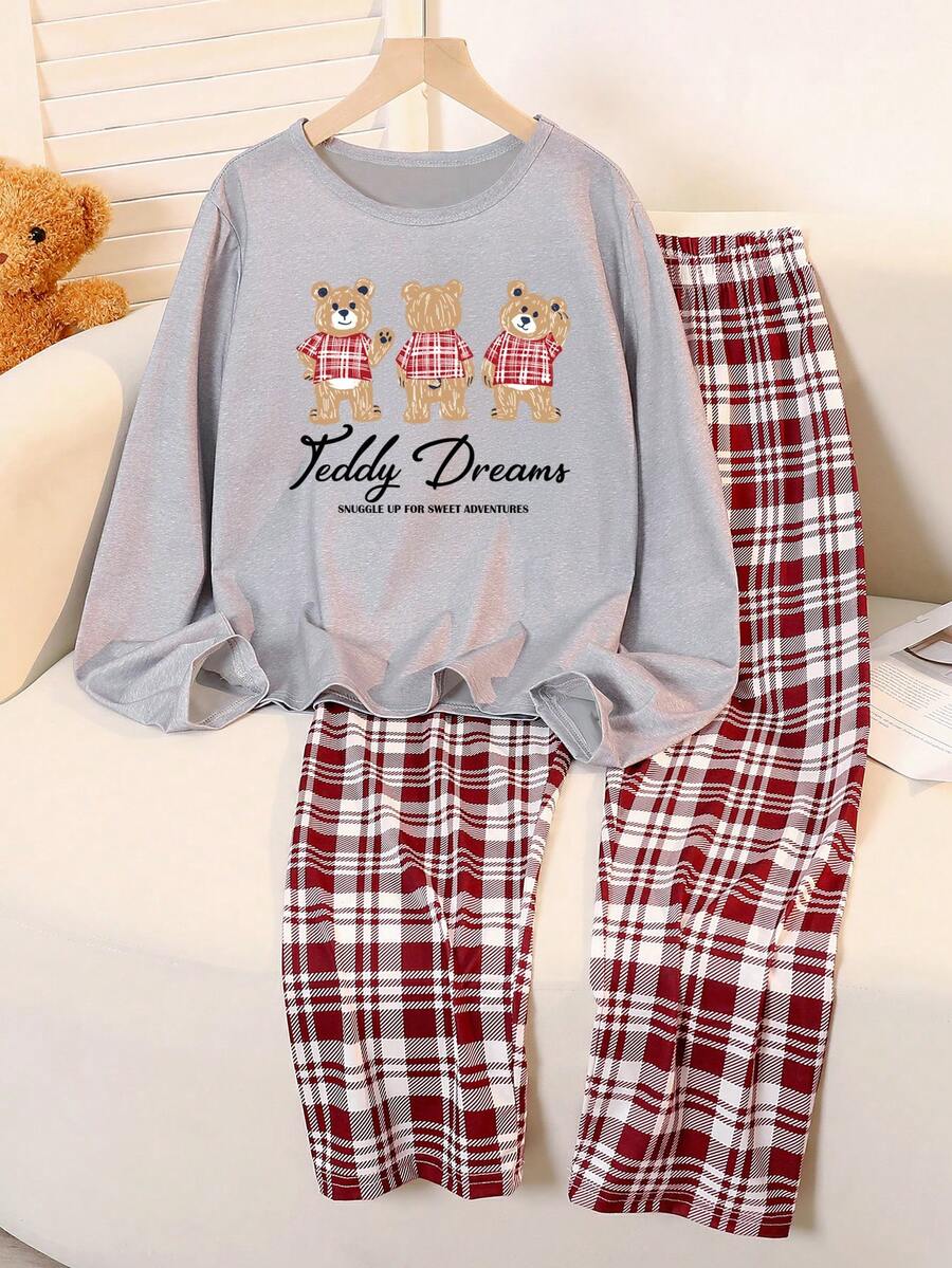 少女两件套睡衣套装 - 灰色长袖小熊图案上衣和酒红色/白色格子裤，舒适家居服 - 灰色 - 查看 1