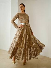 ZEYLAH 刺绣花卉优雅长腰束腰连衣裙 - 金色 - 查看 7