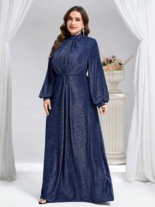 Coutiva Abendkleid für Mollige Frauen mit Stehkragen, Laternärmeln, Raffungen und Glitzer (stark verziert) - marineblau - Übersicht 3