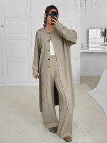 SHEIN EZwear 女士纯色弹力腰阔腿休闲针织裤，秋冬款 - 卡其色 - 查看 5