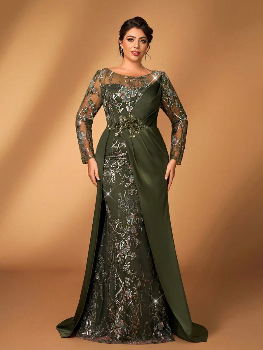 Mom Of The Bride Dressbride Mother Dress Bodice V Neck Sheer Long Sleeves With Side Ruffle Mother Of The Bride / Stores With Prom Dresses