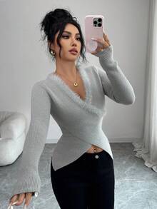 SHEIN Elenzya Women's Fashionable V-Neck Criss-Cross Knitted Sweater, Autumn/Winter - Grey - View 1