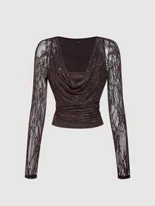 SHEIN MOD Maglietta a maniche lunghe aderente con colletto arricciato in pizzo marrone autunnale da donna - Castano - Visualizzare 3