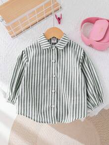 SHEIN LMoss Kids LMoss 女婴时尚可爱条纹长袖衬衫，适合外出和度假的百搭款式 - 綠色 - 查看 11