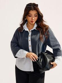 Elaquor Blusa holgada básica de patchwork de talla grande para mujer - Blanco y Negro - Ver 7