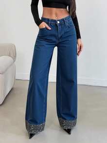 EURMUSE Women's Pocket Loose Wide Leg Casual Versatile Jeans - Navy Blue - View 4
