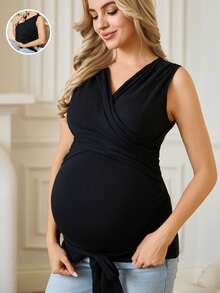 SHEIN Maternity Casual Solid Color Wrap Camisole Maternity Top Dress For Pregnant Women Sexy Maternity Clothes Maternity Clothes T Shirts Maternity Clothes For Photoshoot - Black - View 8