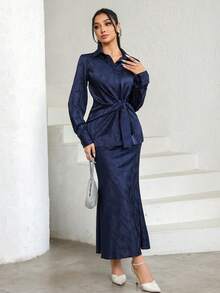 Veilorie Women's Long Sleeve Button Waist Twist Blouse And Fish Tail Midi Skirt Elegant 2 Pieces Set - Navy Blue - View 4