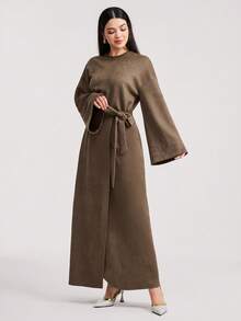 Veilorie Women's Elegant Commuter Solid Color Bell Sleeve Top With Tie-Waist Wrap Skirt 2-Piece Set - Brown - View 3