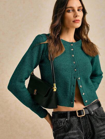 Autumn And Winter Women's Khaki Round Neck Long Sleeve Single-Breasted Casual Short Wool Knit Thick Cardigan, Short Jumper, Cute Jumper, Fall Women Clothes, Going Out Tops, Business Casual Woman, Fall Sweaters, Office Attire, Basic Sweaters