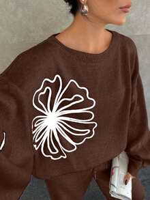 SHEIN Cottnline 女士纯色碎花圆领落肩套头衫和毛衣裤套装 - 彩色 - 查看 3