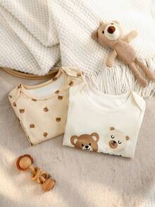SHEIN 2 piezas Bodys casuales de uso diario con estampado de animales lindos para bebés niños, otoño - Beis - Ver 7