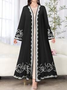SHEIN Najma Women's Leaf Digital Print Long Sleeve Casual Arabic Abaya Robe, Spring/Autumn - Multicolor - View 1