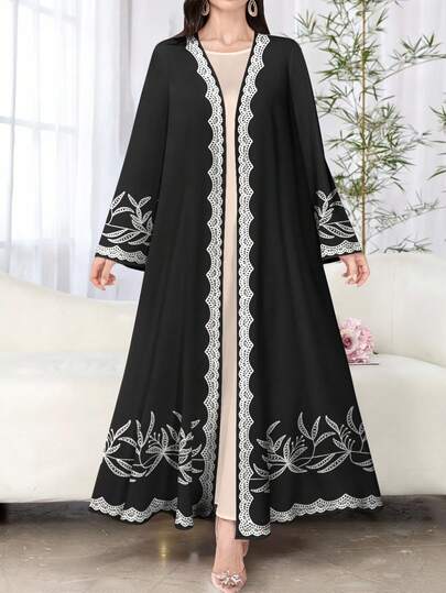 SHEIN Najma 女士树叶数码印花长袖休闲阿拉伯长袍，春秋季