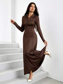 SHEIN Tall Damen Einfarbiges Strickkleid mit Knopfleiste vorne - Kaffeebraun - Übersicht 1