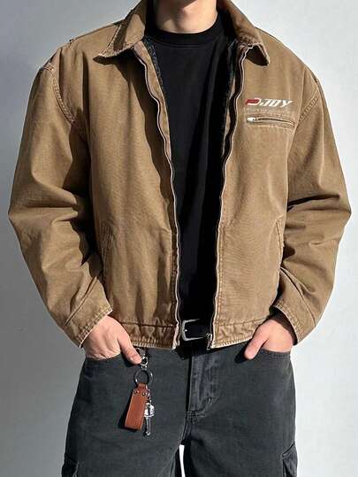 DAZY Chaqueta y abrigo de hombre con diseño de acolchado forrado, estampado de letras y tela lavada de color camello, para otoño/invierno